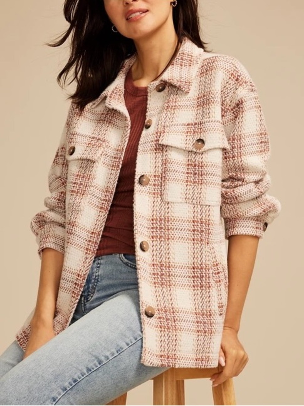Maurices Shoreline Shortie Shacket Cream & Pink Plaid Oversized Plush Medium